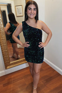 Dark Green Sequins One Shoulder Homecoming Dress