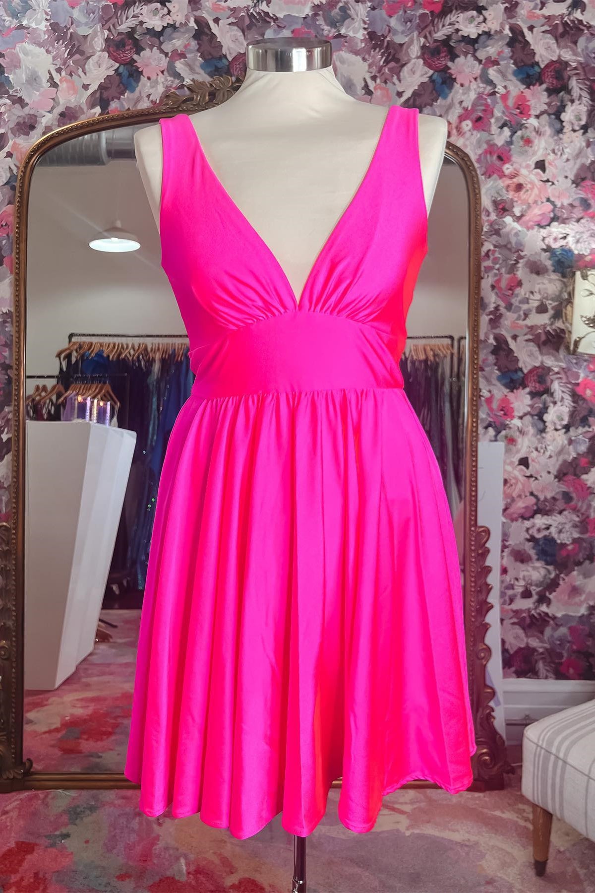 Fuchsia Deep V Neck A-line Satin Homecoming Dress