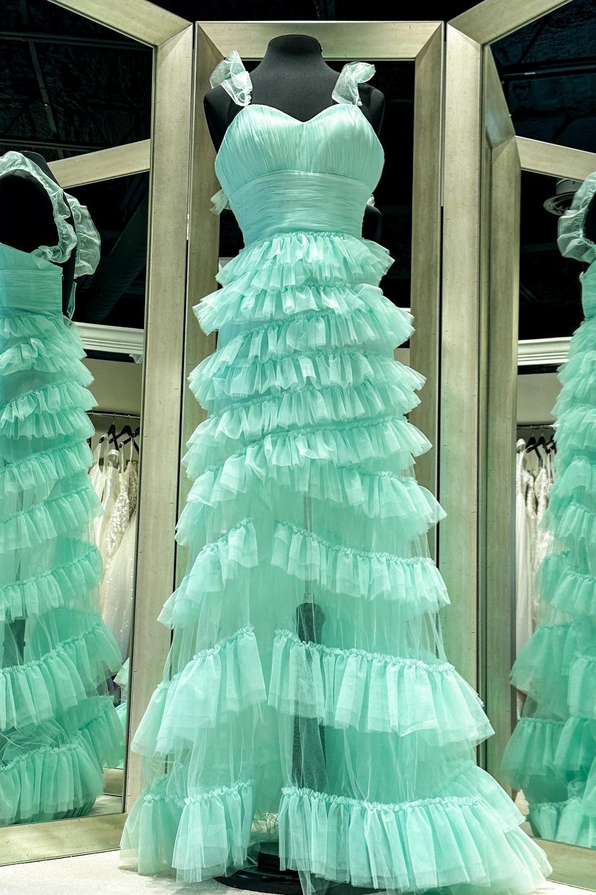 Mint Green Ruffle Straps A-line Multi-Layers Long Prom Dress