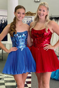 Blue Jay & Red Strapless Mirror-Cut Sequins A-line Homecoming Dress