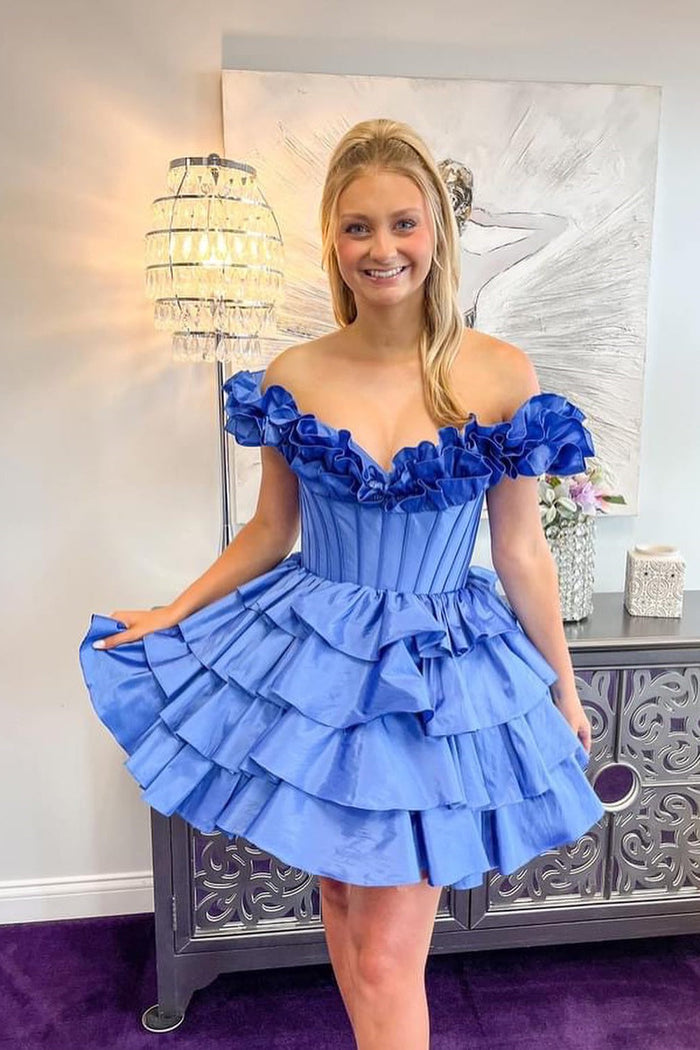 Ruffles Off the Shoulder Blue Tiered Short Homecoming Dress