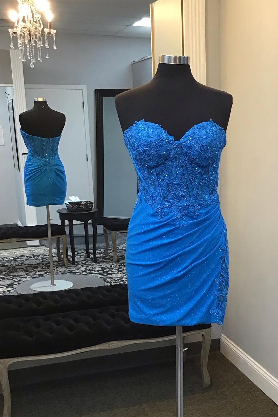 Blue Sweetheart Appliques Ruched Tight Dress