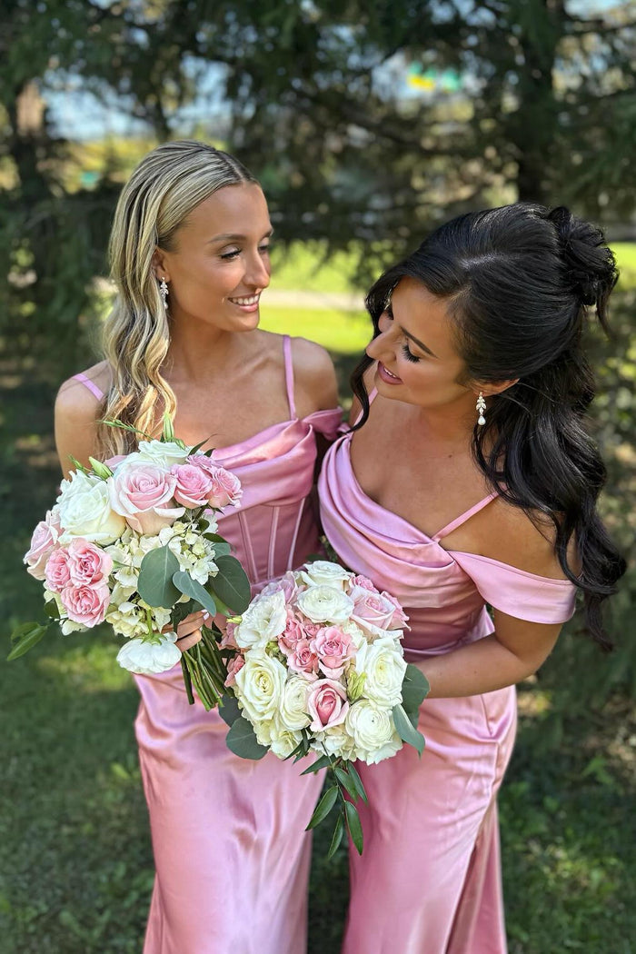 Off the Shoulder Pink Satin Fitted Long Bridesmaid Dress