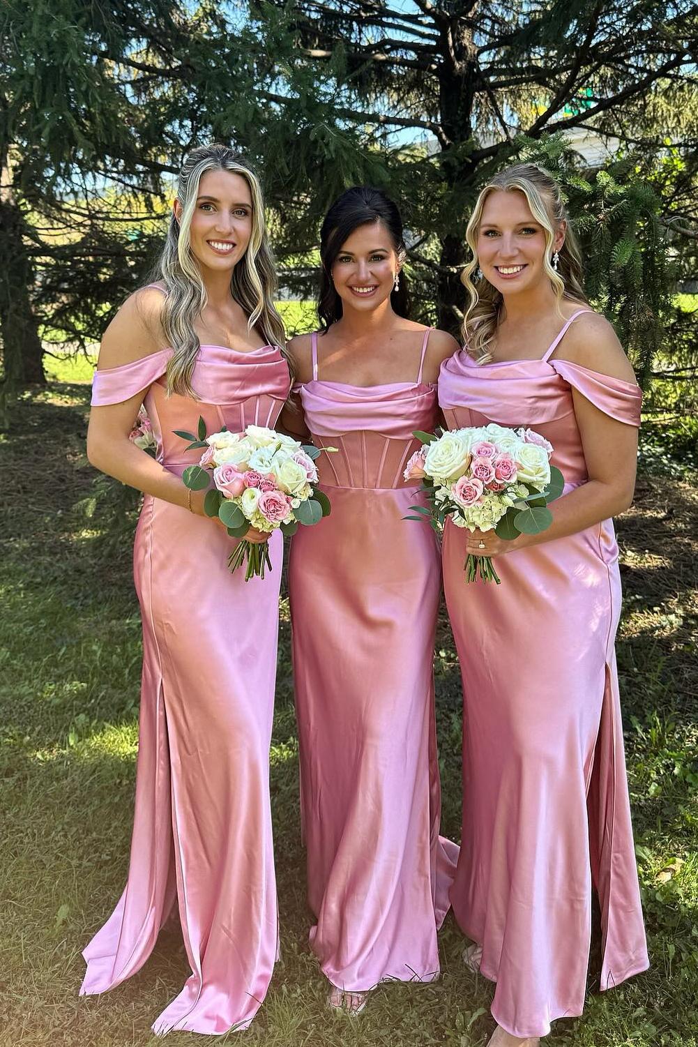 Off the Shoulder Pink Satin Fitted Long Bridesmaid Dress