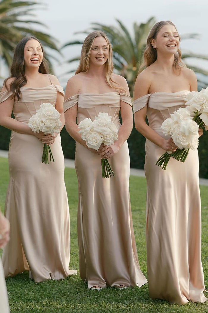 Off the Shoulder Champagne Long Bridesmaid Dress