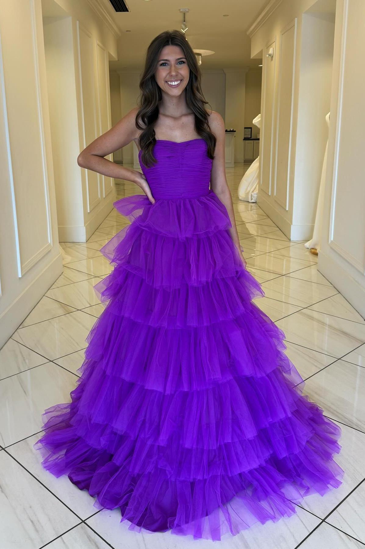 Fuchsia Strapless Ruffle Layers Pleated Long Prom Dress