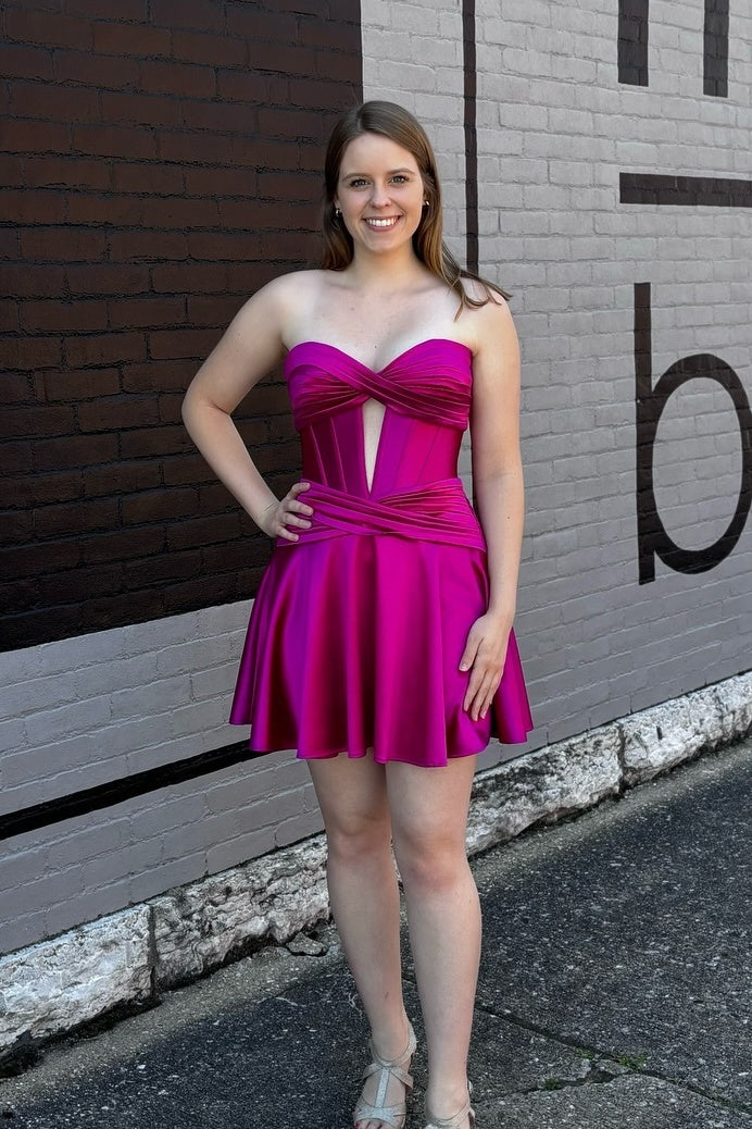 Strapless Fuchsia Satin Keyhole A-line Short Dress