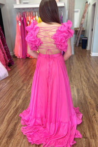 Rose Pink Ruffle Shoulder Plunging V Neck A-line Lace-Up Long Prom Dress