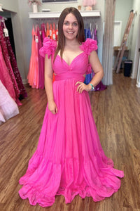 Rose Pink Ruffle Shoulder Plunging V Neck A-line Lace-Up Long Prom Dress