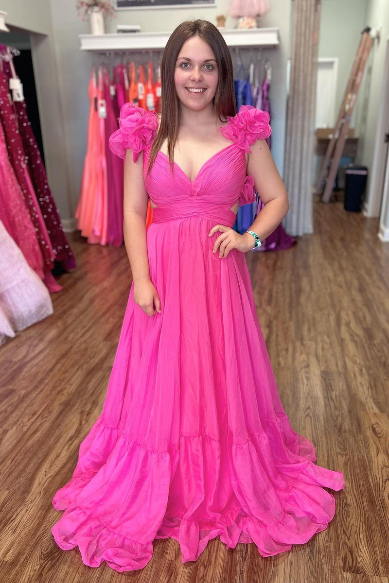 Rose Pink Ruffle Shoulder Plunging V Neck A-line Lace-Up Long Prom Dress