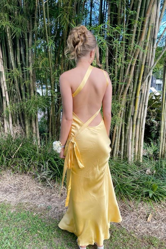 One Shoulder Yellow Soft Satin Fitted Party Dress