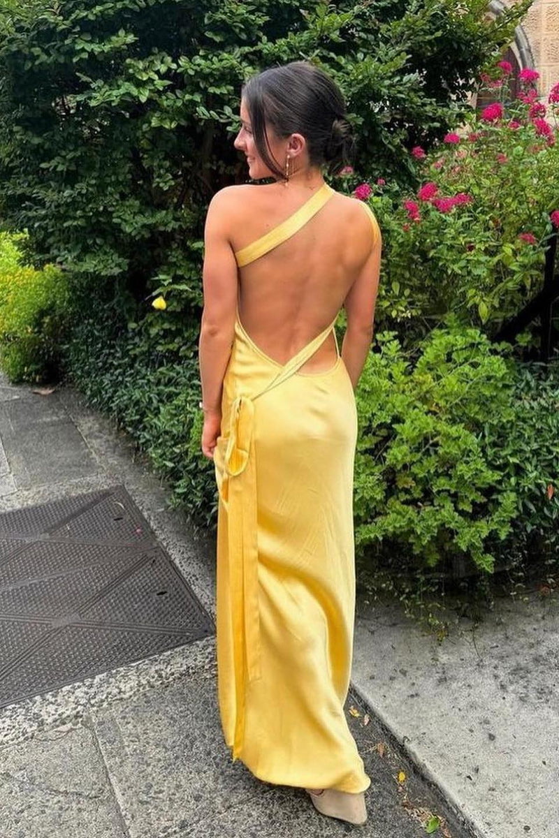 One Shoulder Yellow Soft Satin Fitted Party Dress