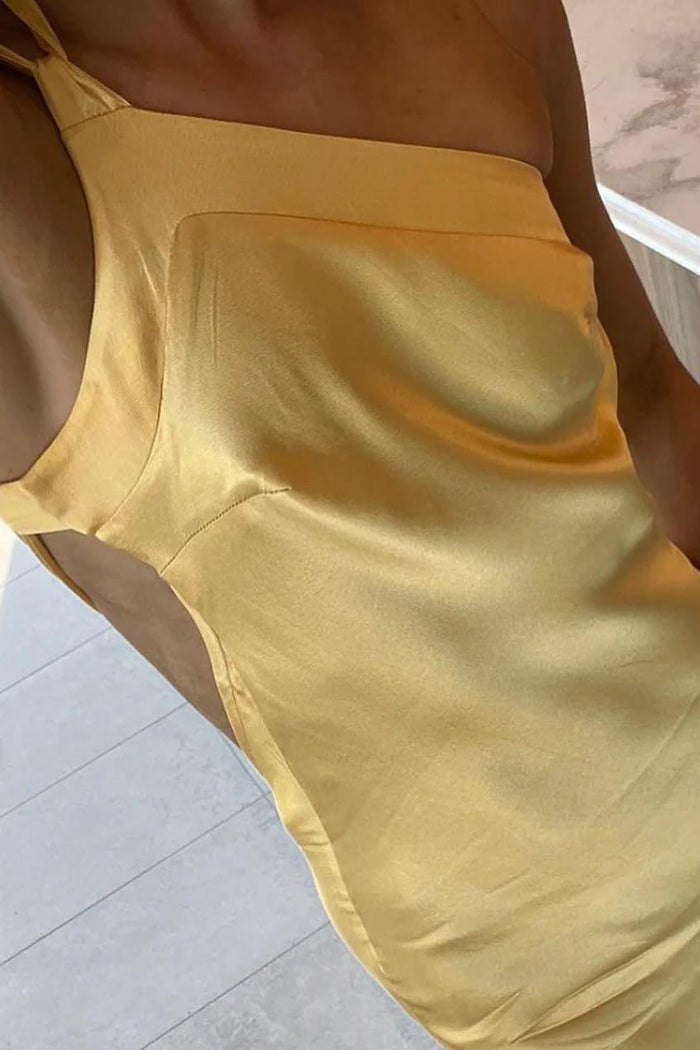 One Shoulder Yellow Soft Satin Fitted Party Dress