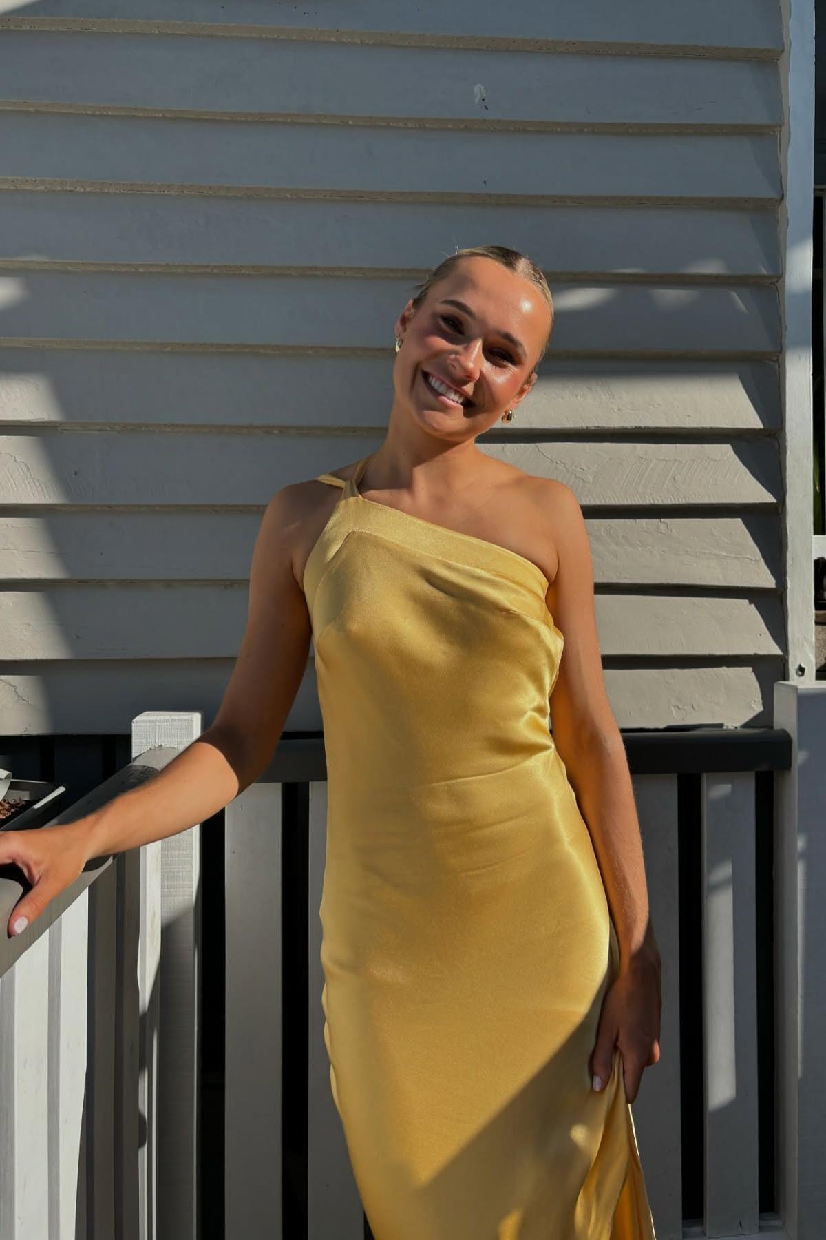 One Shoulder Yellow Soft Satin Fitted Party Dress