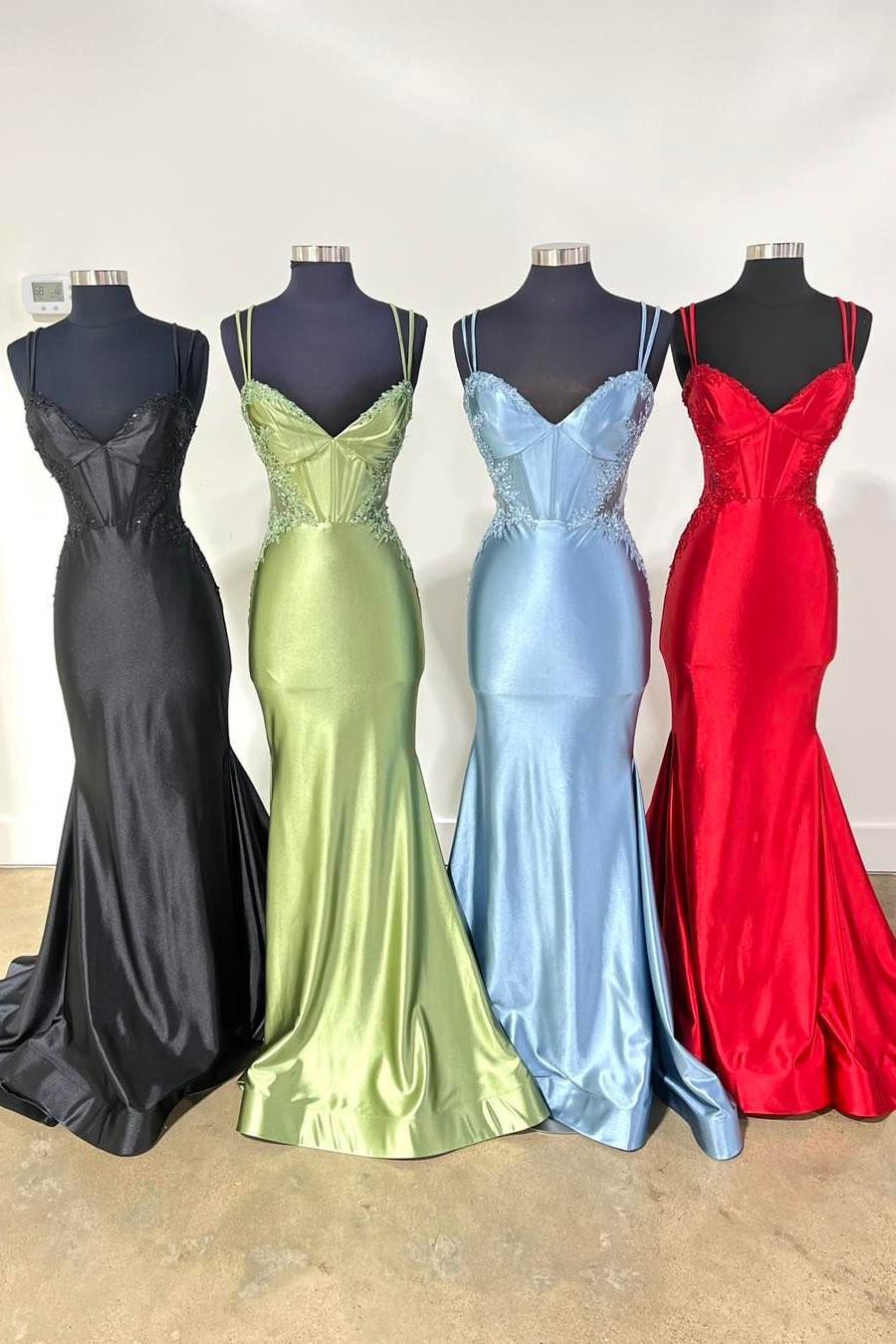 Double Straps Appliques Mermaid Satin Formal Dress