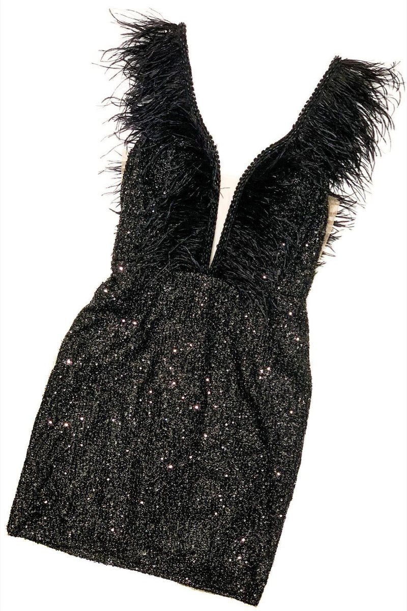 Black Plunging V Neck Sequins Feathers Homecoming Dress