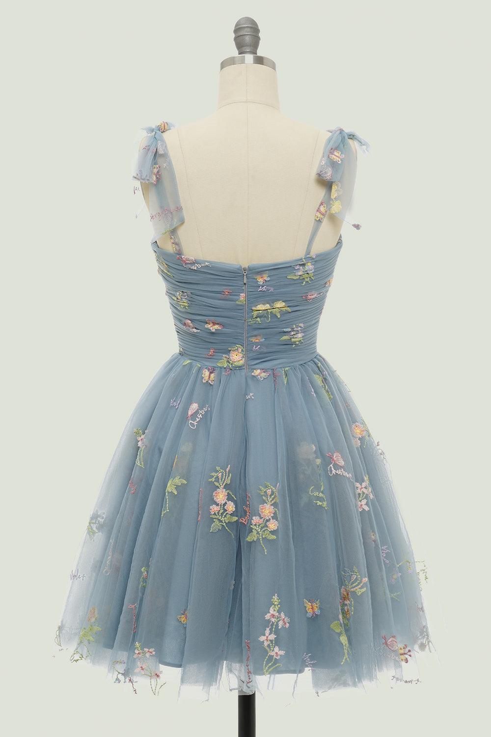 Duaty Blue Bow Tie Embroidery Tulle A-line Homecoming Dress