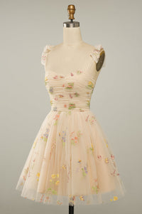 Champagne Bow Tie Embroidery Tulle A-line Homecoming Dress