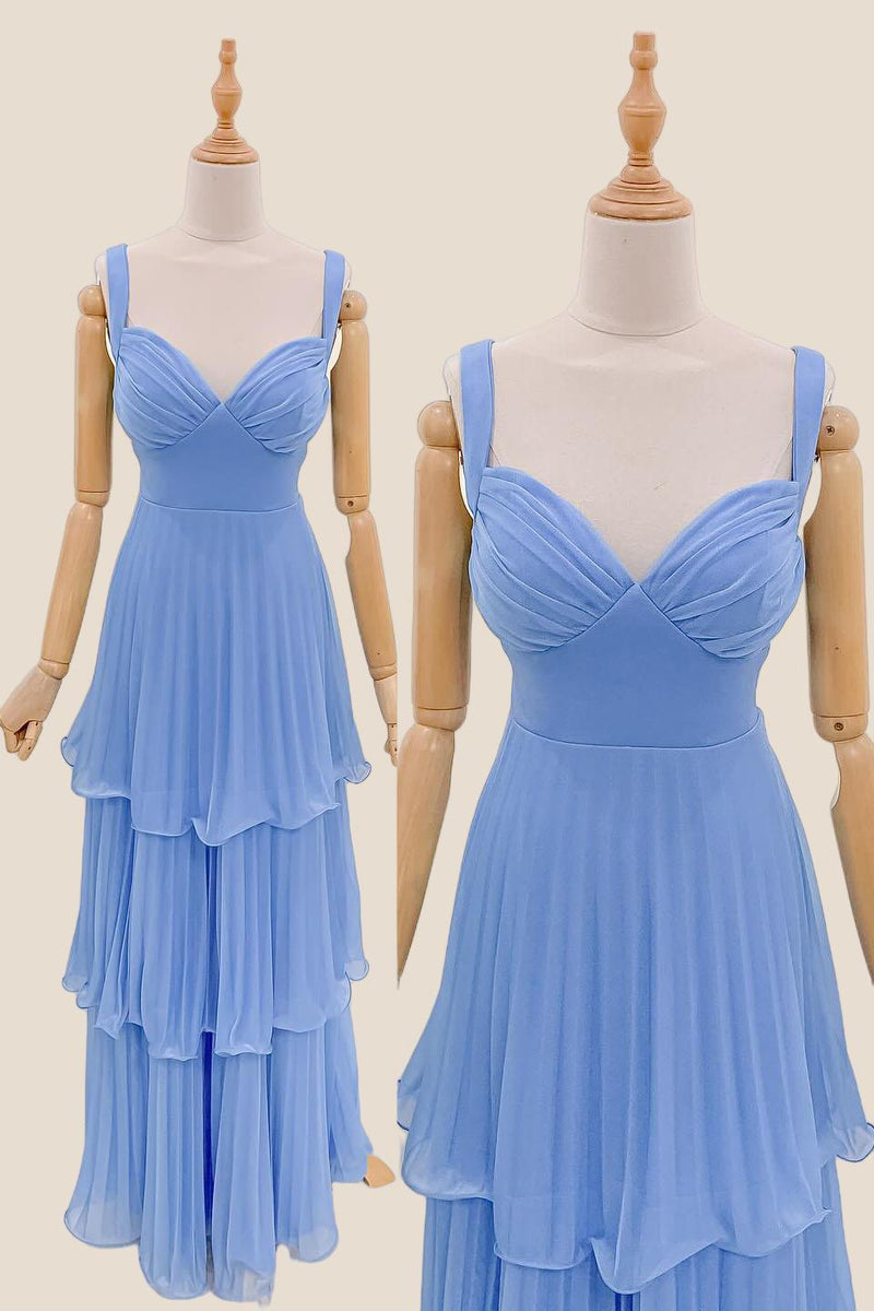 Blue Chiffon Pleated A-line Long Party Dress