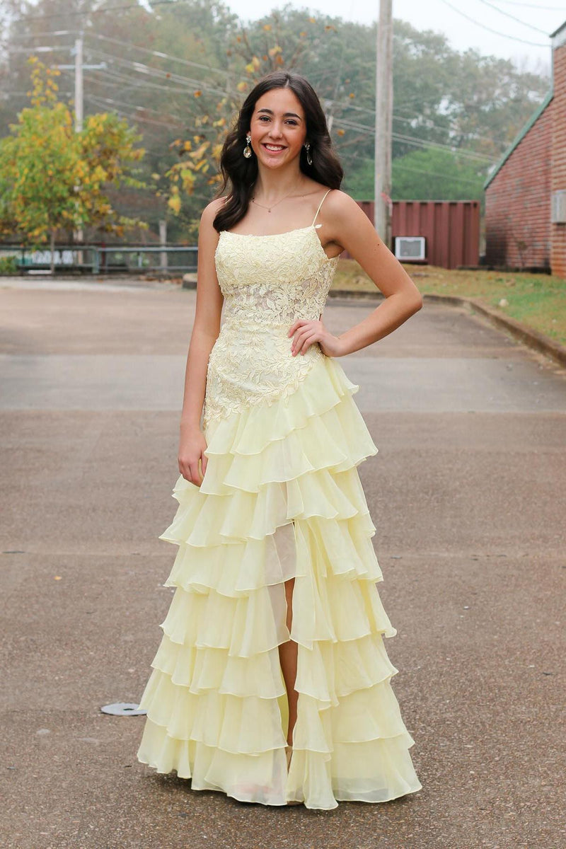 Spaghetti Straps Yellow Lace Appliques Mermaid Formal Dress