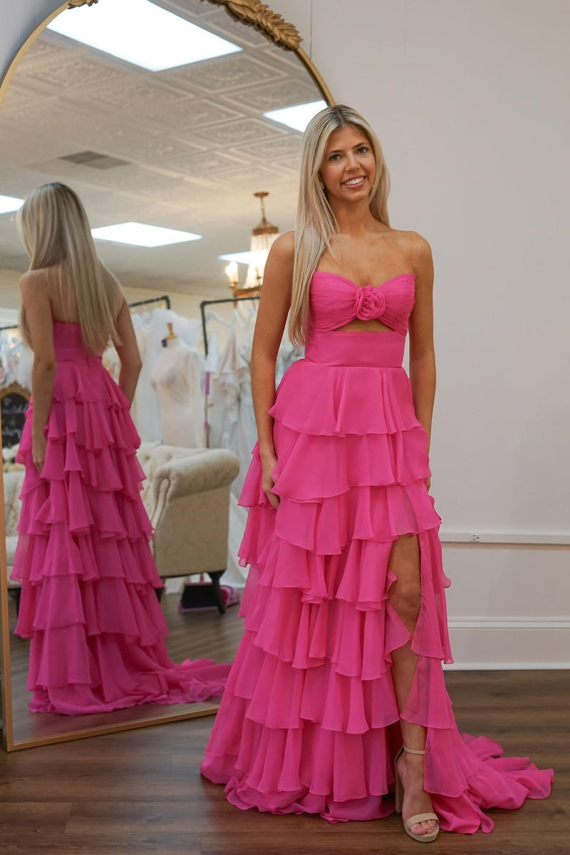 Keyhole Hot Pink Chiffon Ruffle A-line Long Party Dress