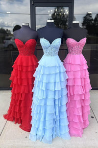 Sweetheart Flower Appliques Multi-Layers Long Prom Dress