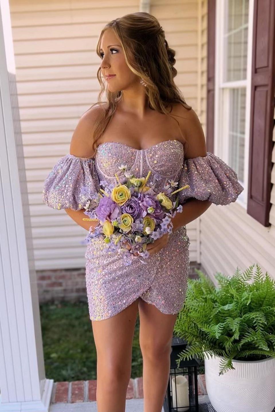 Lavender Puff Sleeves Sequins Sheath Homecoming Dress