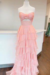 Keyhole Hot Pink Chiffon Ruffle A-line Long Party Dress