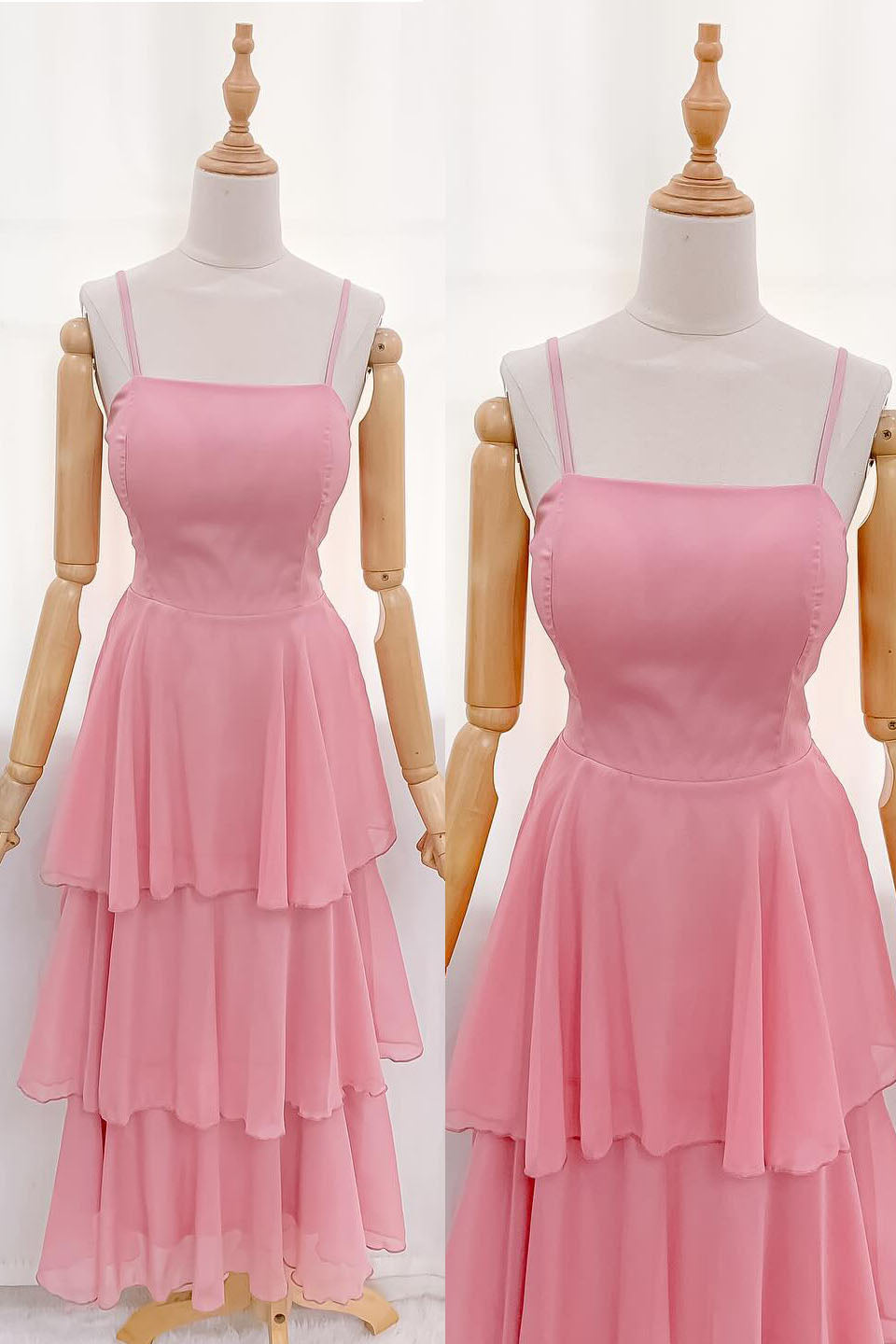 Straps Pink Chiffon Tiered Maxi Dress