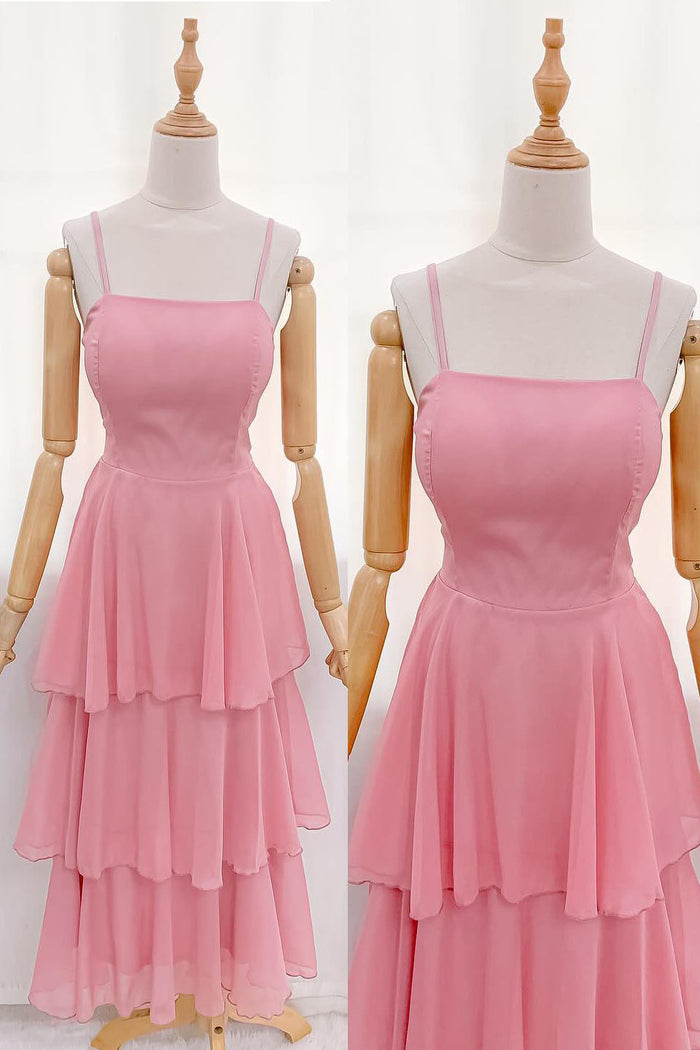 Straps Pink Chiffon Tiered Maxi Dress