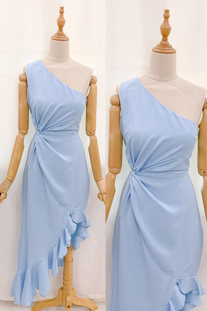 One Shoulder Light Blue Ruffle Maxi Dress