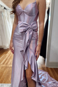 Straps Lilac Satin Mermaid Formal Dress with Bow