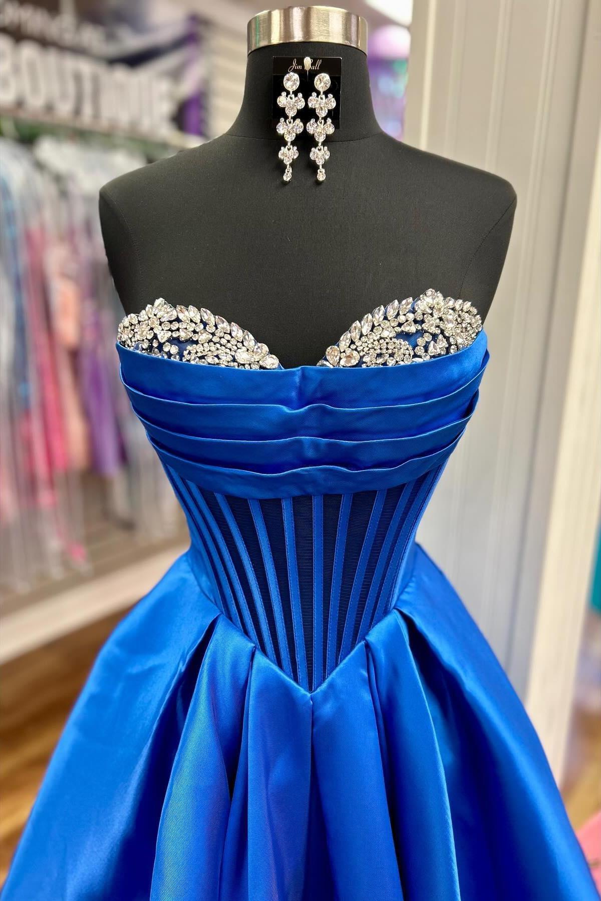 Beaded Sweetheart Royal Blue Satin Formal Gown