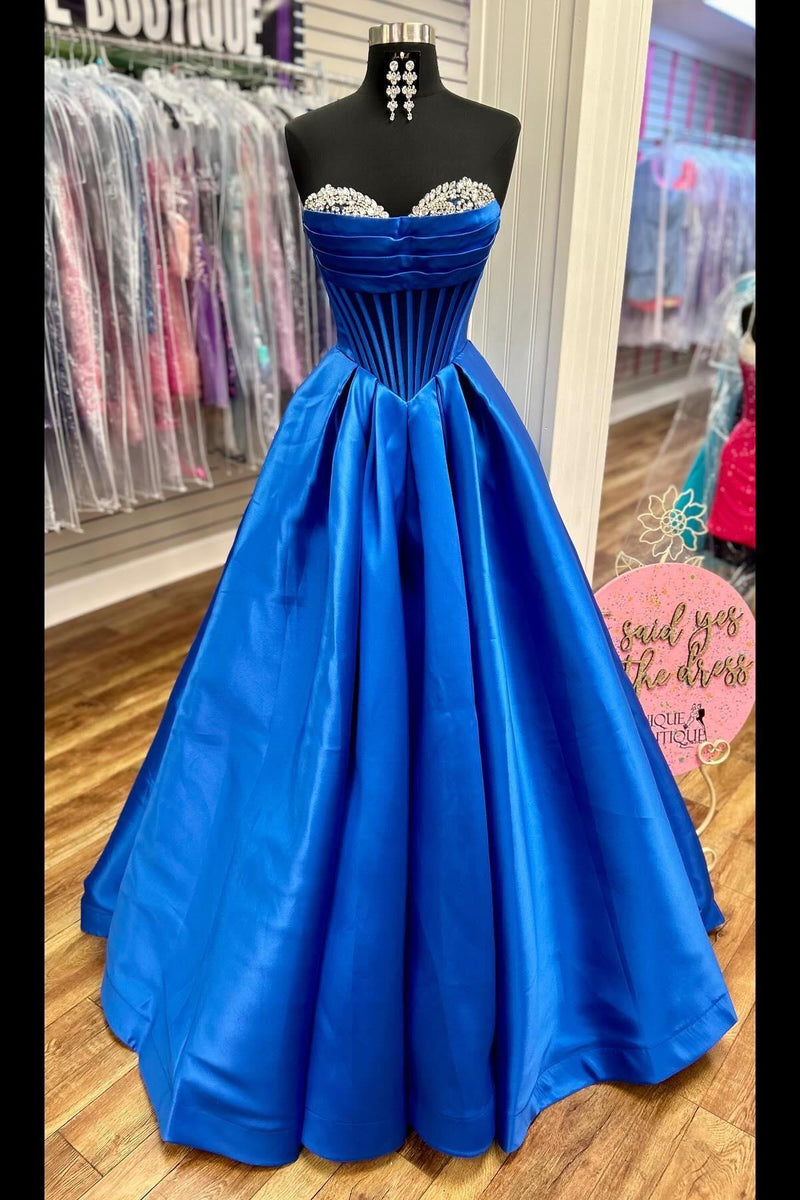 Beaded Sweetheart Royal Blue Satin Formal Gown