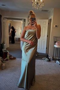 Strapless Olive Green Satin A-line Long Party Dress