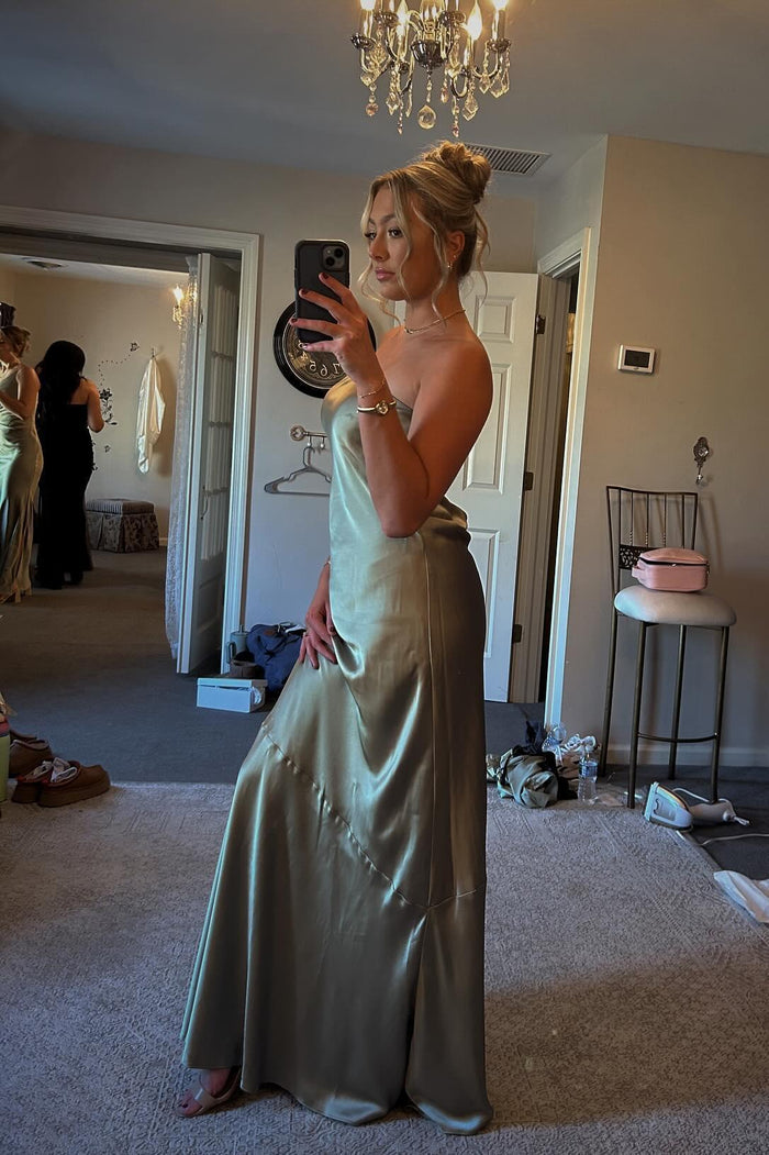 Strapless Olive Green Satin A-line Long Party Dress