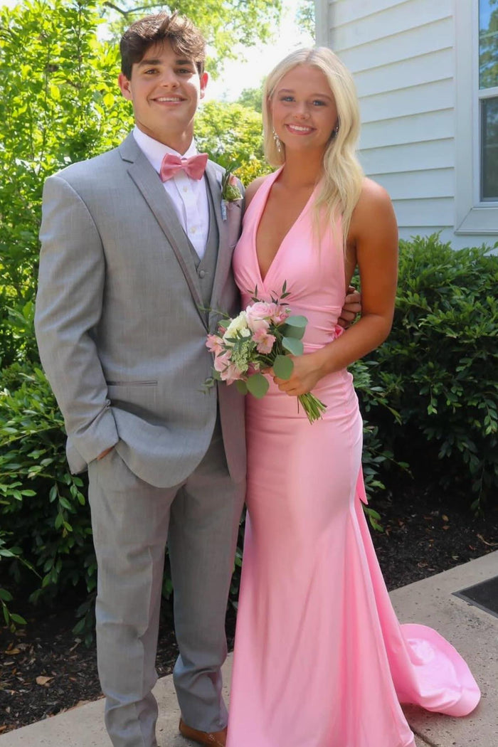 Halter Pink Fitted Long Formal Dress