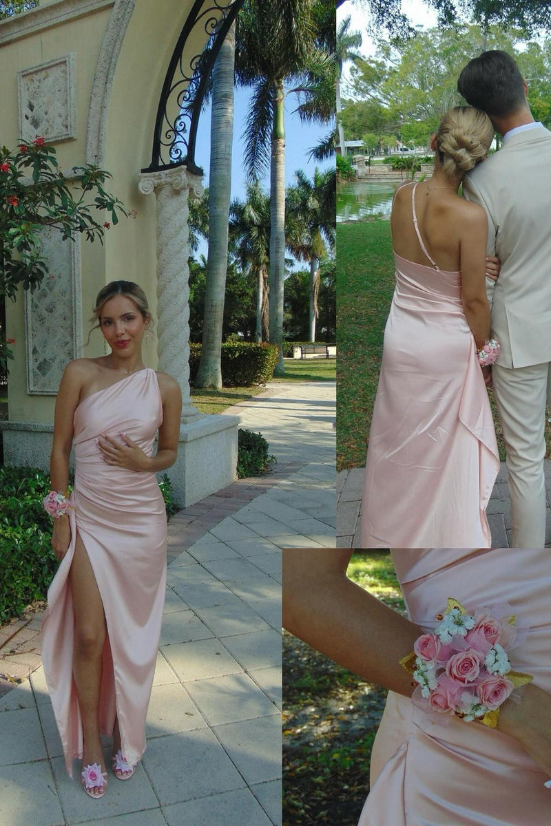 One Shoulder Pink Ruched Frill Party Dress