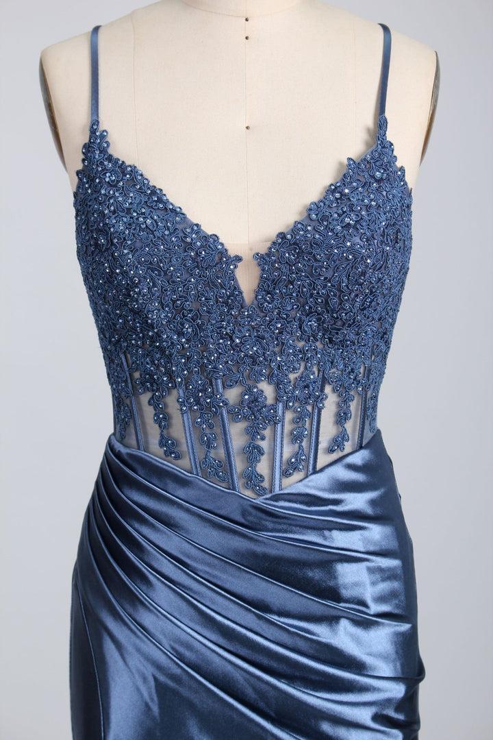 Dusty Blue Appliques Corset Satin Long Formal Dress