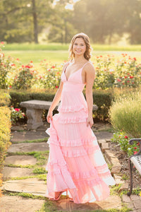 Straps Pink Chiffon Tiered Long Maxi Dress