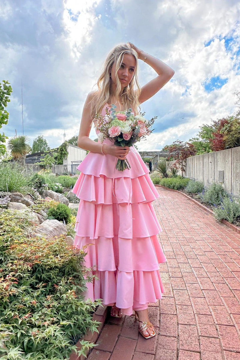 Spaghetti Straps Pink V Neck Ruffle Long Maxi Dress