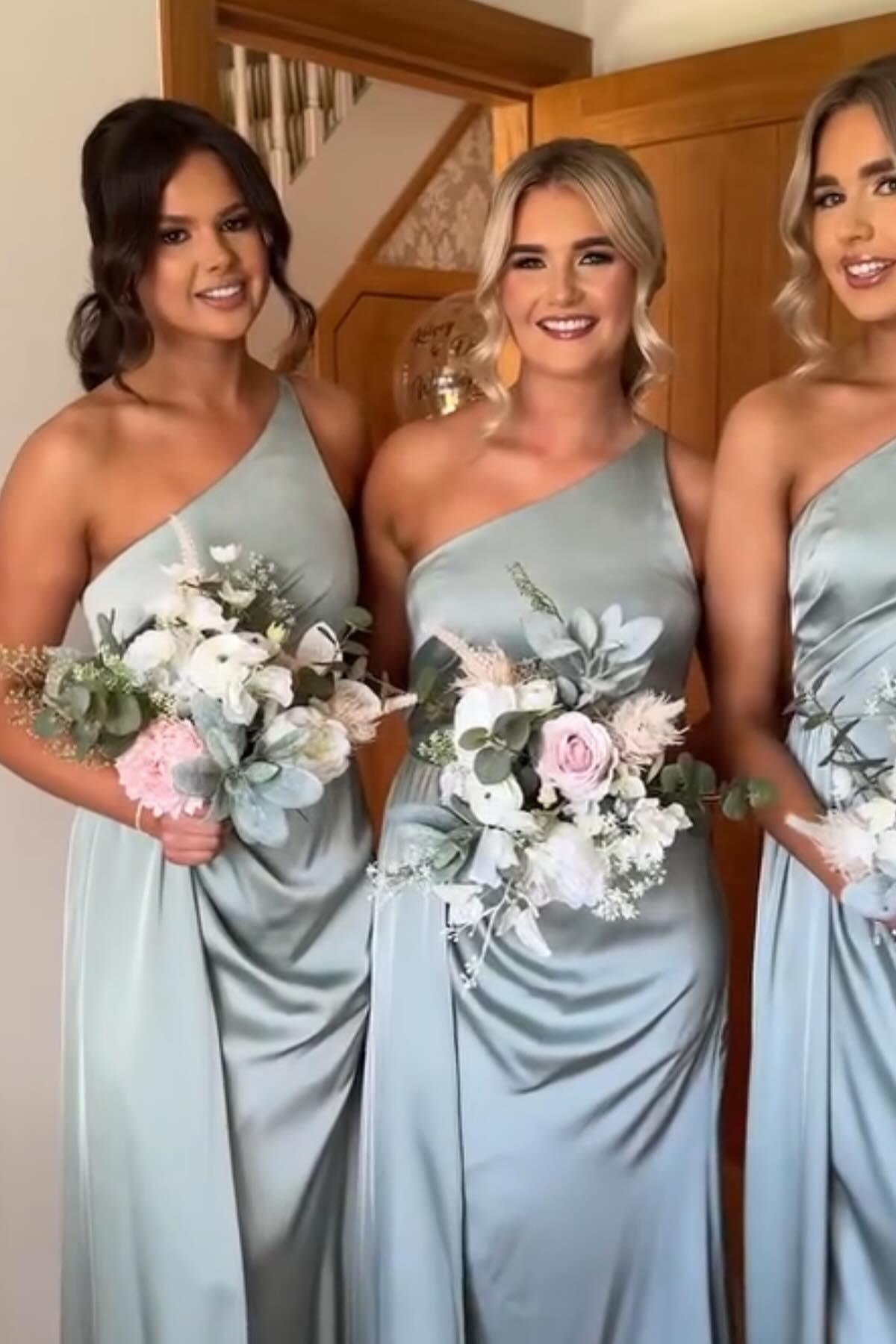 One Shoulder Sage Long Bridesmaid Dress with Train