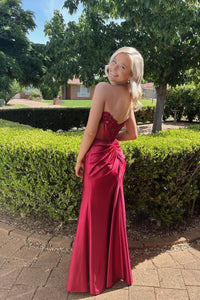 Strapless Red Sheet Appliques Fitted Long Prom Dress