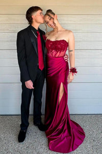 Strapless Red Sheet Appliques Fitted Long Prom Dress