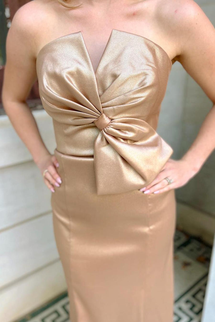 Bow Front Champagne Fitted Long Party Dress