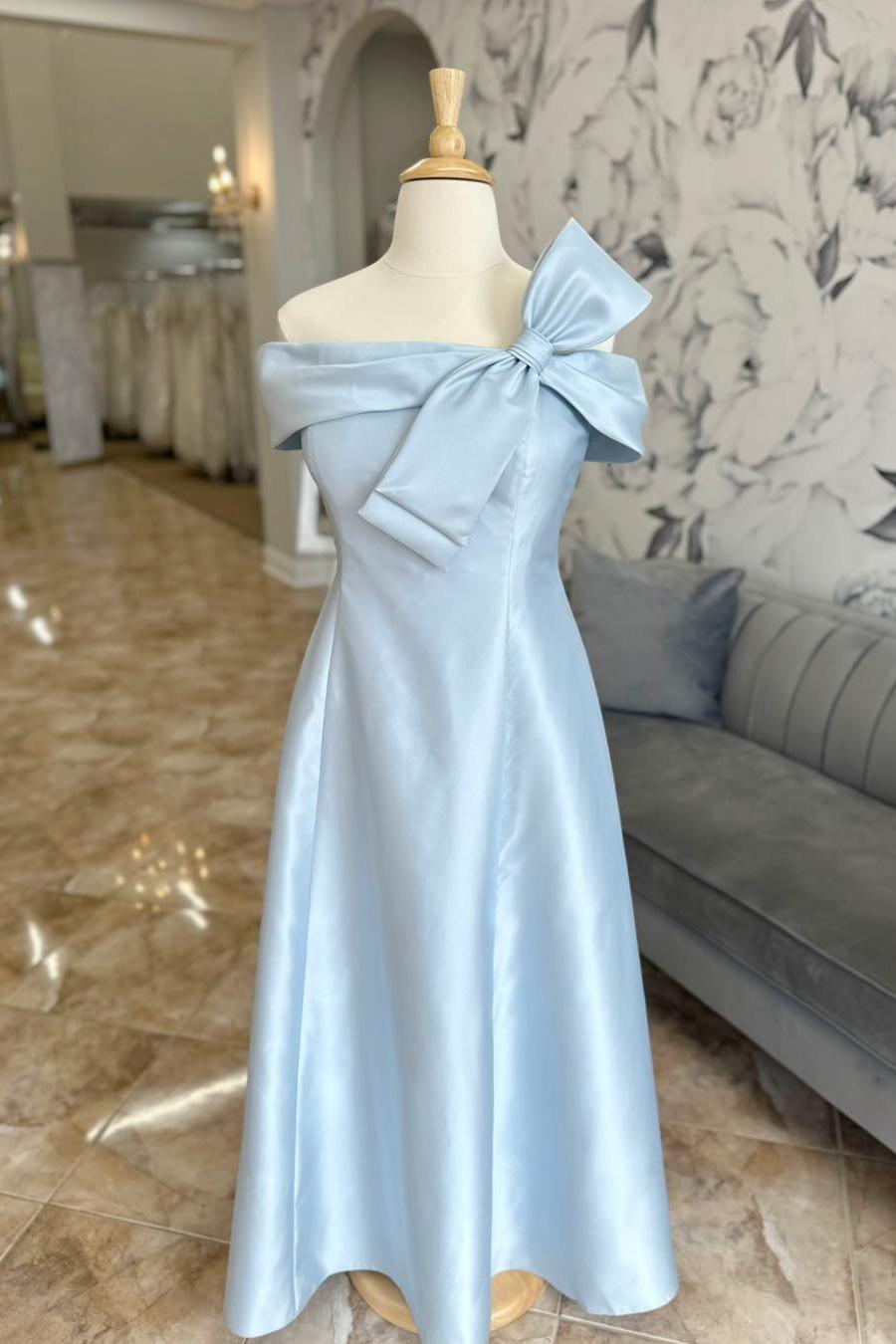 Off the Shoulder Light Blue Satin Dress with Bow