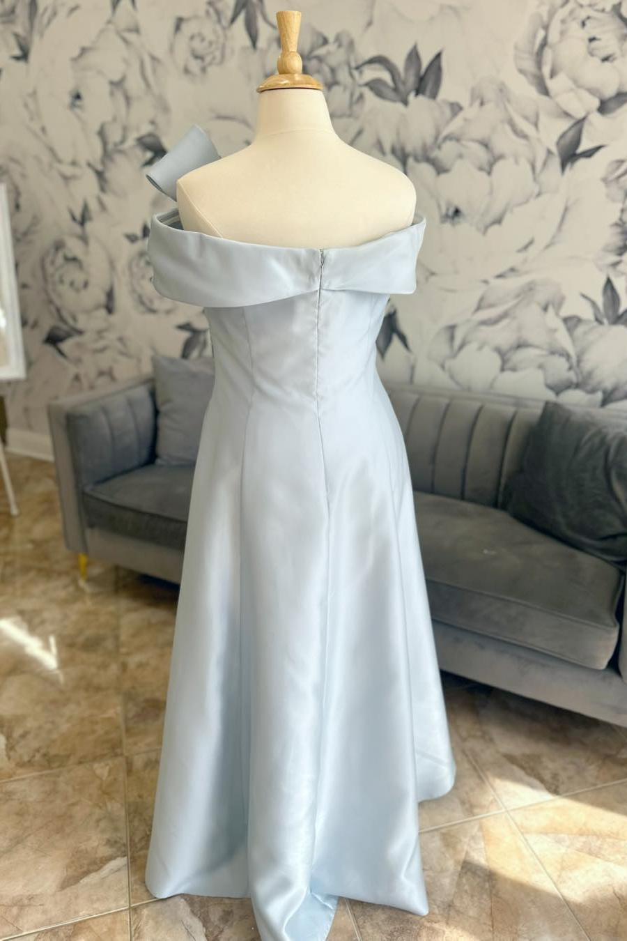 Off the Shoulder Light Blue Satin Dress with Bow