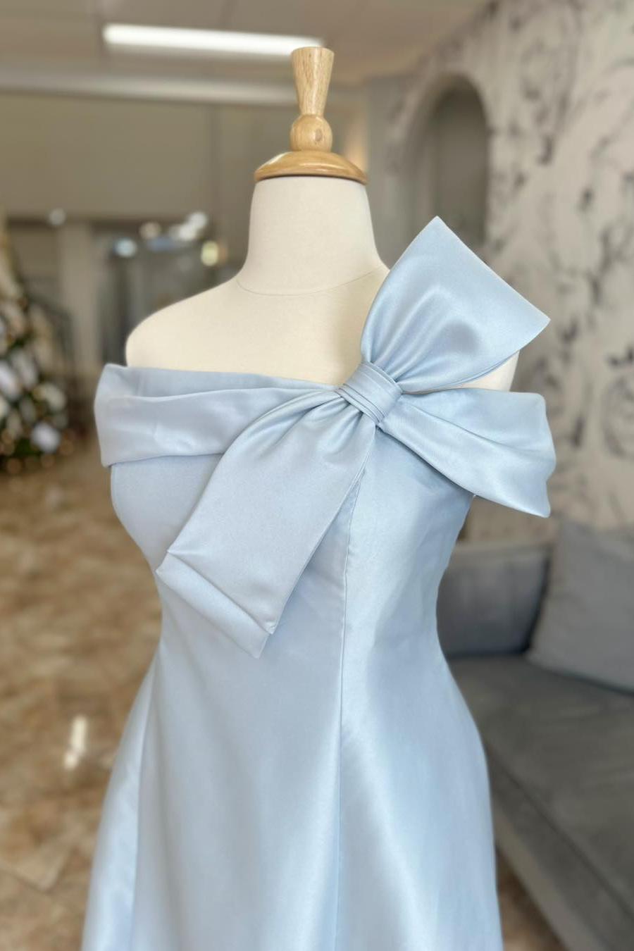 Off the Shoulder Light Blue Satin Dress with Bow