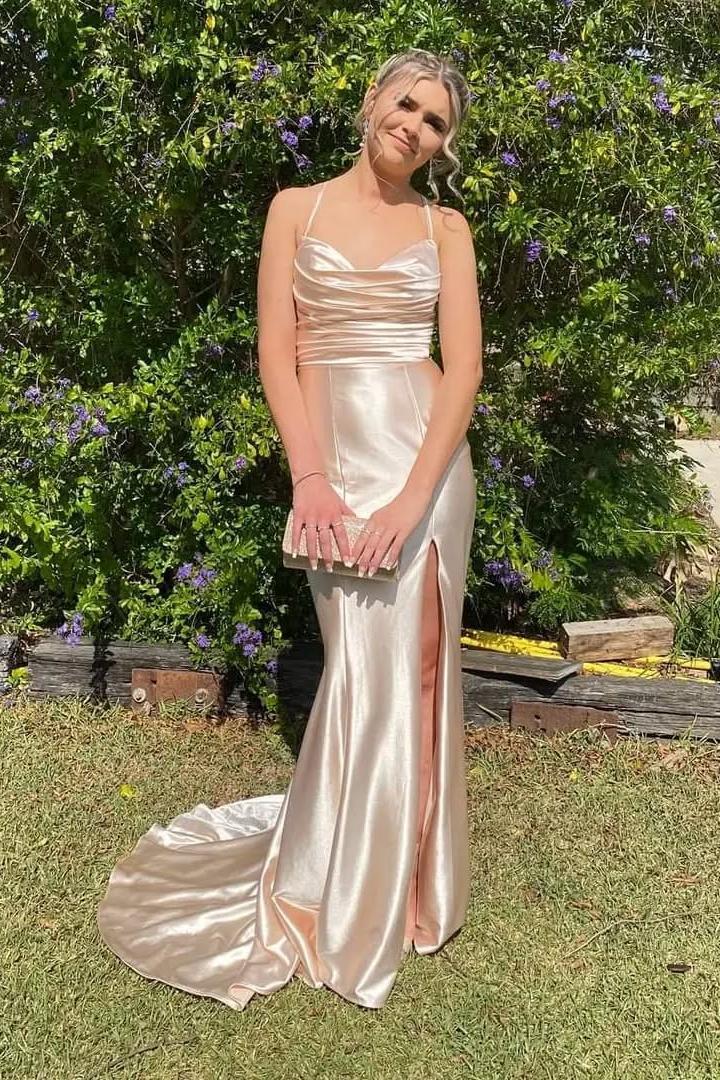 Cowl Neck Sage Green Satin Fitted Formal Dress