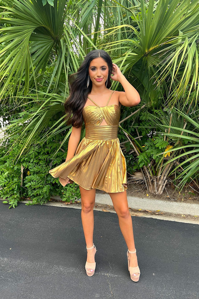 Halter Gold Metallic Pleated A-line Short Party Dress